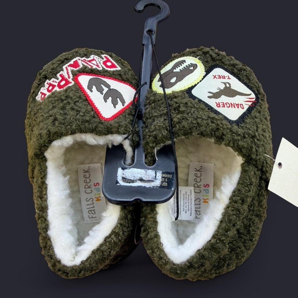 Falls Creek Kids Olive Green Sherpa Slippers with Dino Patches